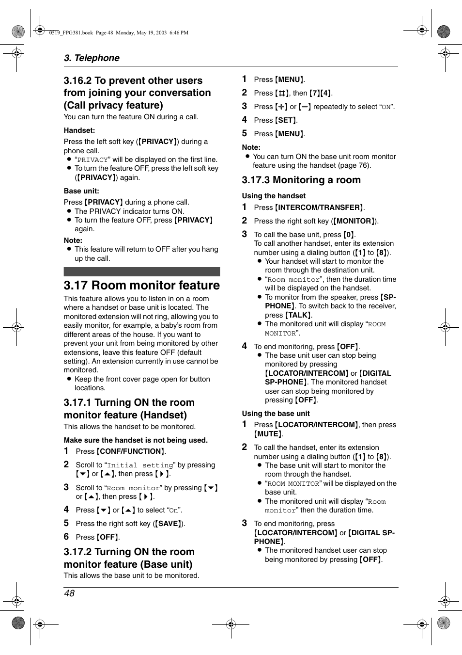 Room monitor feature, 17 room monitor feature, 1 turning on the room monitor feature (handset) | 2 turning on the room monitor feature (base unit), 3 monitoring a room | Panasonic KX-FPG381 User Manual | Page 50 / 106