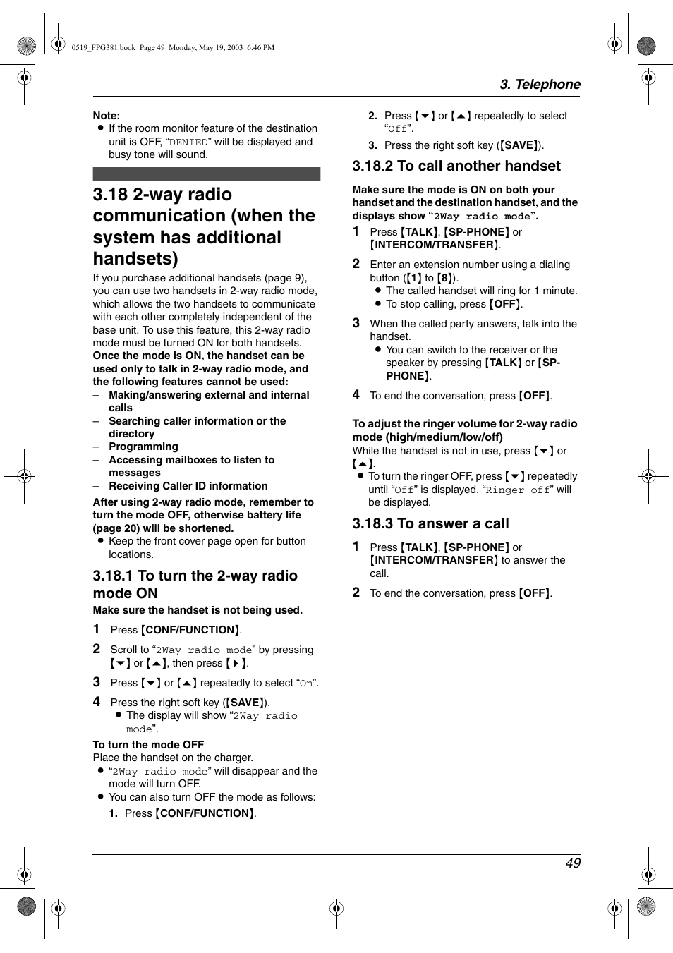 Way radio communication (when the, System has additional handsets), 1 to turn the 2-way radio mode on | 2 to call another handset, 3 to answer a call | Panasonic KX-FPG381 User Manual | Page 51 / 106