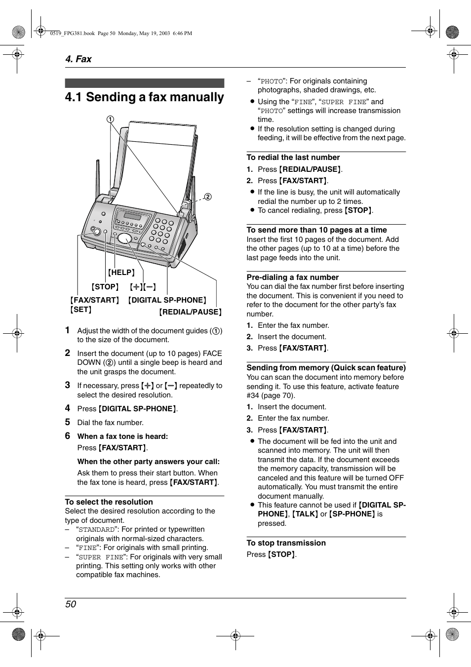 Sending faxes, Sending a fax manually, 1 sending a fax manually | Fax 50 | Panasonic KX-FPG381 User Manual | Page 52 / 106