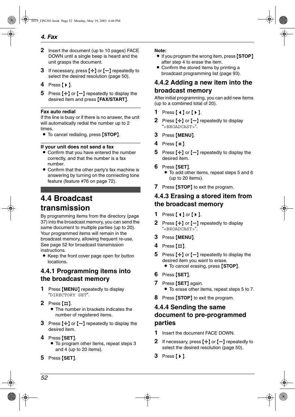 Broadcast transmission, 4 broadcast transmission | Panasonic KX-FPG381 User Manual | Page 54 / 106