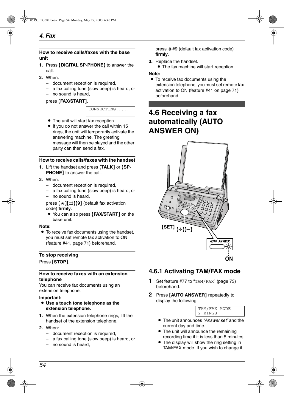Receiving a fax automatically (auto answer on), 6 receiving a fax automatically (auto answer on), 1 activating tam/fax mode | Fax 54 | Panasonic KX-FPG381 User Manual | Page 56 / 106