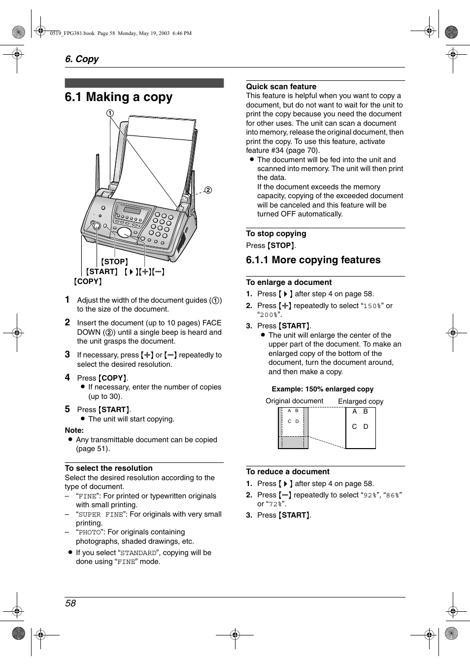 Copy, Copying, Making a copy | 1 making a copy, 1 more copying features, Copy 58 | Panasonic KX-FPG381 User Manual | Page 60 / 106