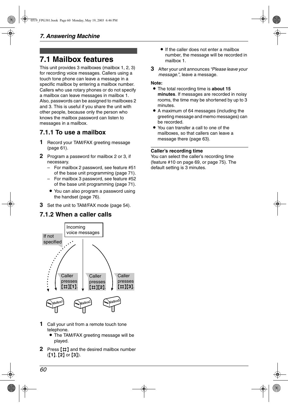 Answering machine, Voice mailbox, Mailbox features | Greeting, 1 mailbox features, 1 to use a mailbox, 2 when a caller calls, Answering machine 60 | Panasonic KX-FPG381 User Manual | Page 62 / 106