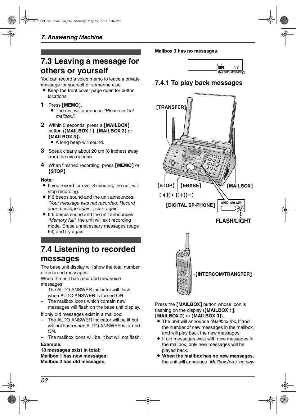 Memo message, Incoming messages, Leaving a message for others or yourself | Listening to recorded messages, 3 leaving a message for others or yourself, 4 listening to recorded messages, 1 to play back messages, Answering machine 62, Flash/light | Panasonic KX-FPG381 User Manual | Page 64 / 106