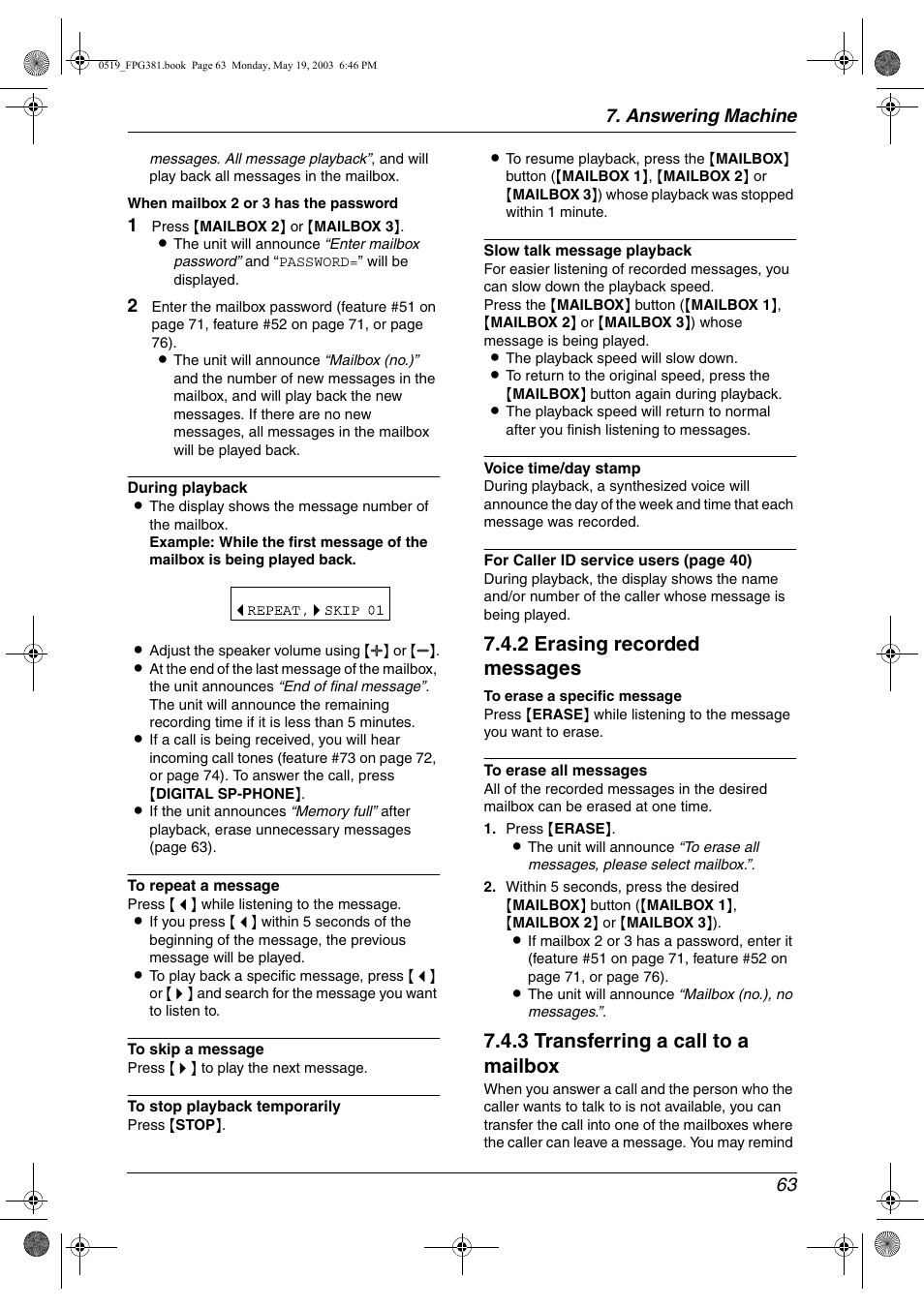 2 erasing recorded messages, 3 transferring a call to a mailbox, Answering machine 63 | Panasonic KX-FPG381 User Manual | Page 65 / 106