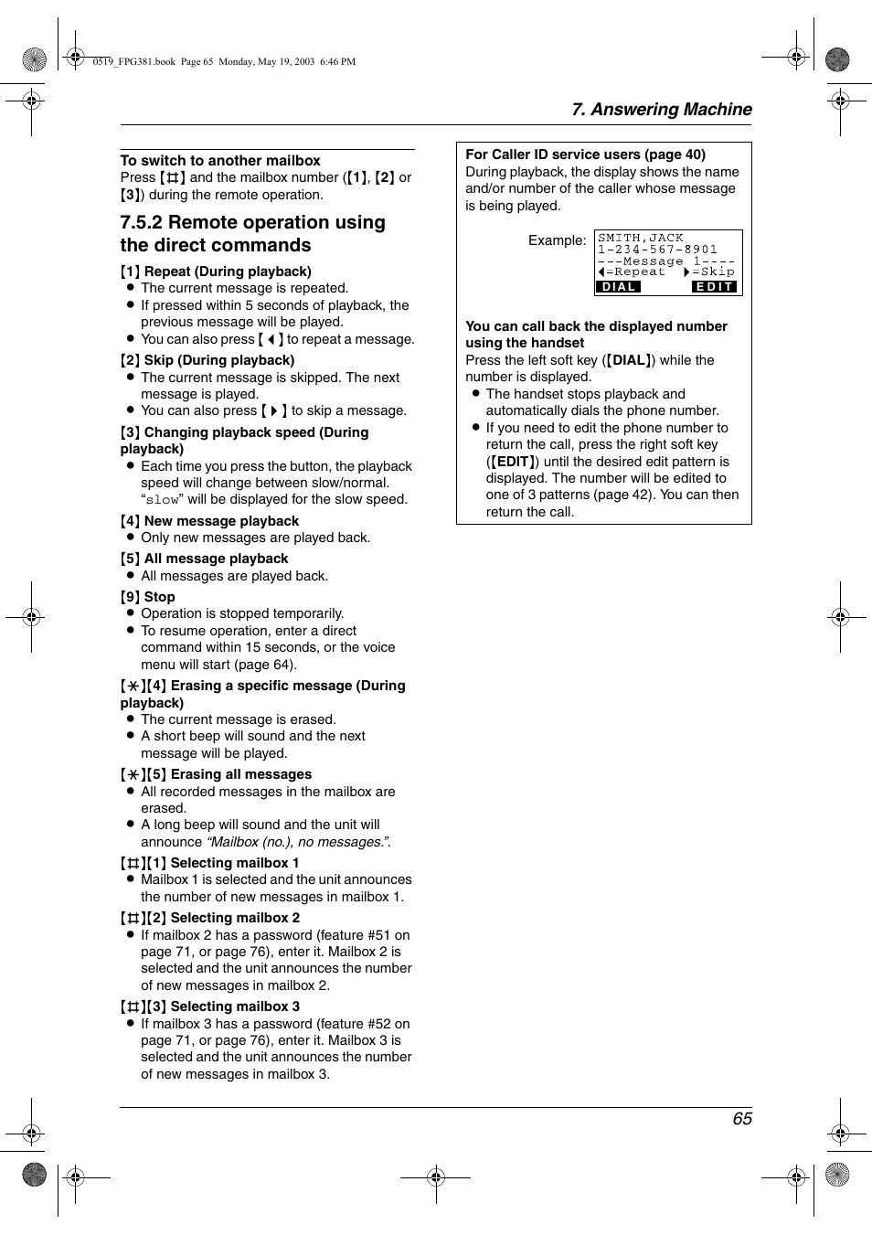 2 remote operation using the direct commands, Answering machine 65 | Panasonic KX-FPG381 User Manual | Page 67 / 106