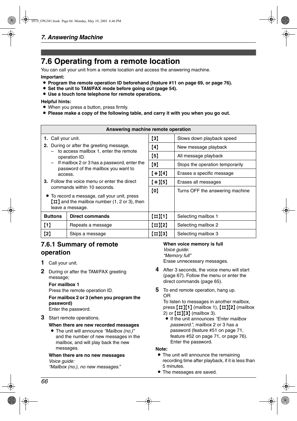 Remote operation, Operating from a remote location, 6 operating from a remote location | 1 summary of remote operation, Answering machine 66 | Panasonic KX-FPG381 User Manual | Page 68 / 106