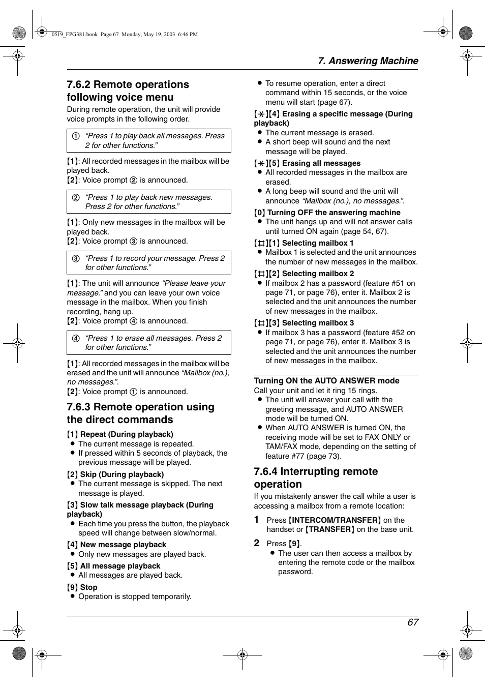 2 remote operations following voice menu, 3 remote operation using the direct commands, 4 interrupting remote operation | Answering machine 67 | Panasonic KX-FPG381 User Manual | Page 69 / 106