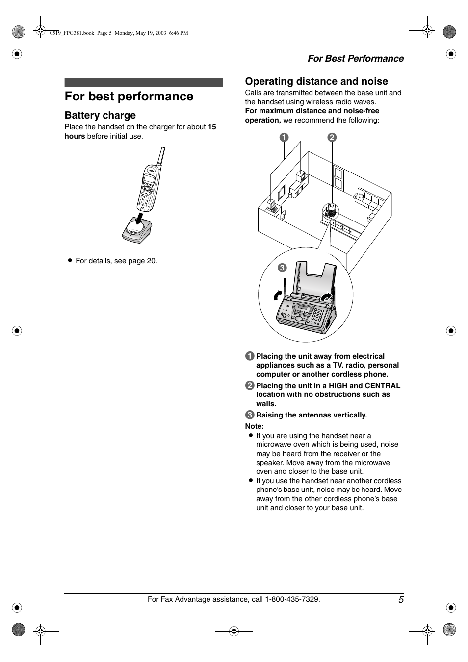 For best performance, Battery charge, Operating distance and noise | For best performance 5, Ab c | Panasonic KX-FPG381 User Manual | Page 7 / 106