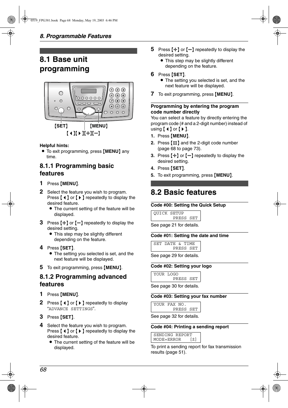 Programmable features, Features (base unit), Base unit programming | Basic features, 1 base unit programming, 2 basic features, 1 programming basic features, 2 programming advanced features | Panasonic KX-FPG381 User Manual | Page 70 / 106