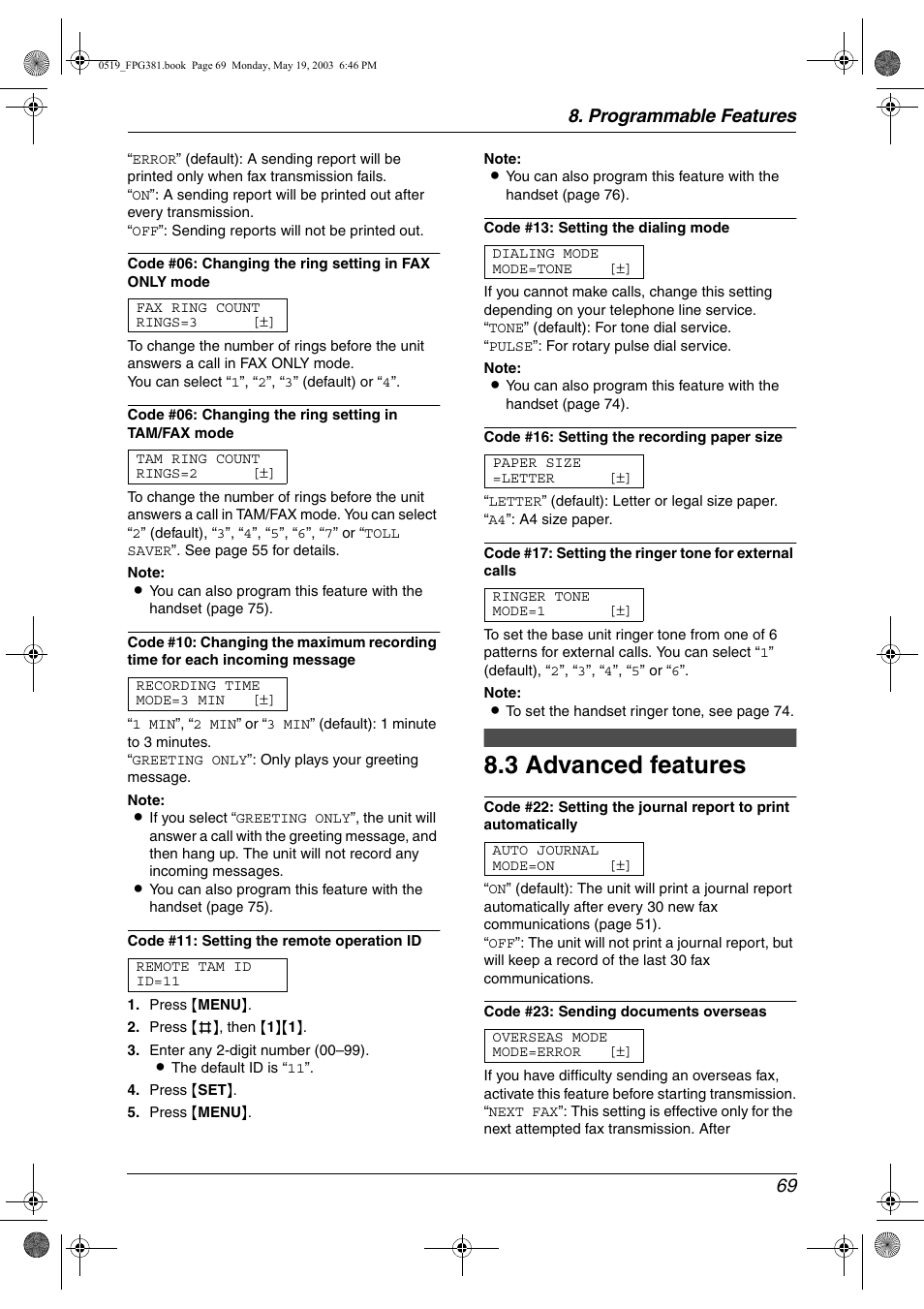 Advanced features, 3 advanced features, Programmable features 69 | Panasonic KX-FPG381 User Manual | Page 71 / 106