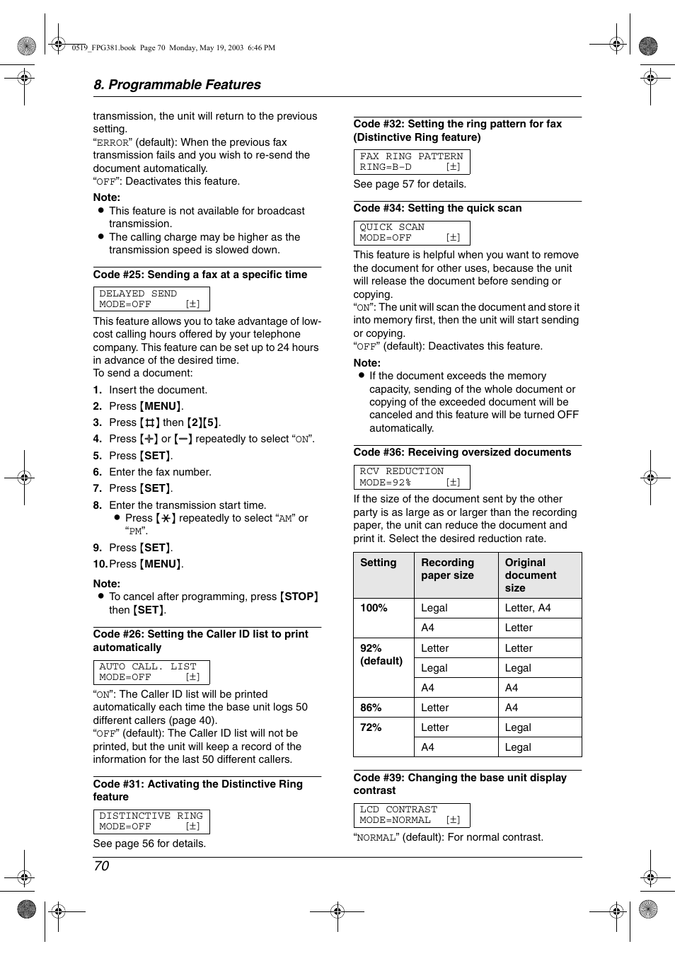 Programmable features 70 | Panasonic KX-FPG381 User Manual | Page 72 / 106