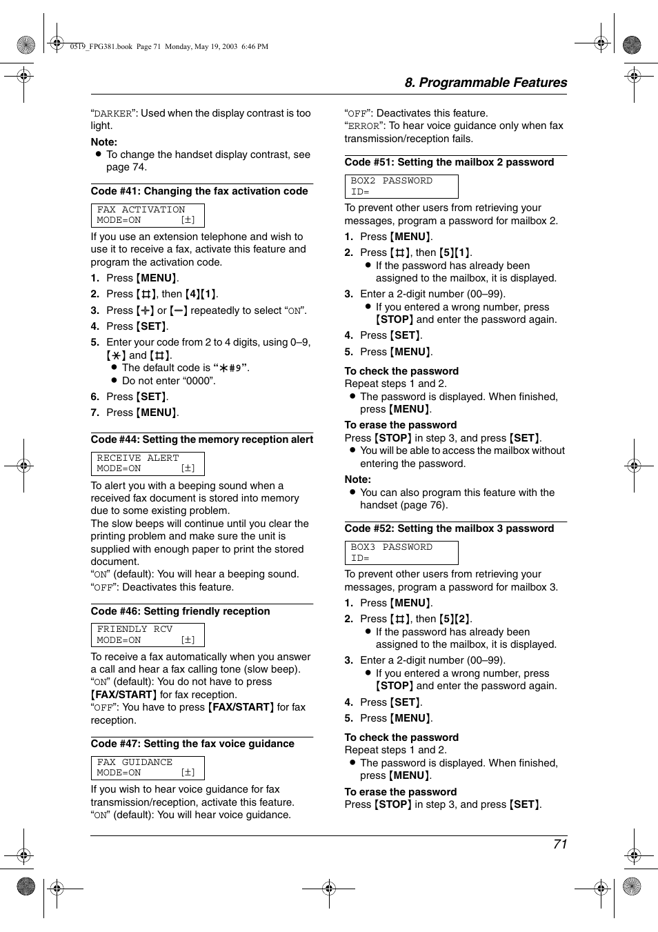 Programmable features 71 | Panasonic KX-FPG381 User Manual | Page 73 / 106