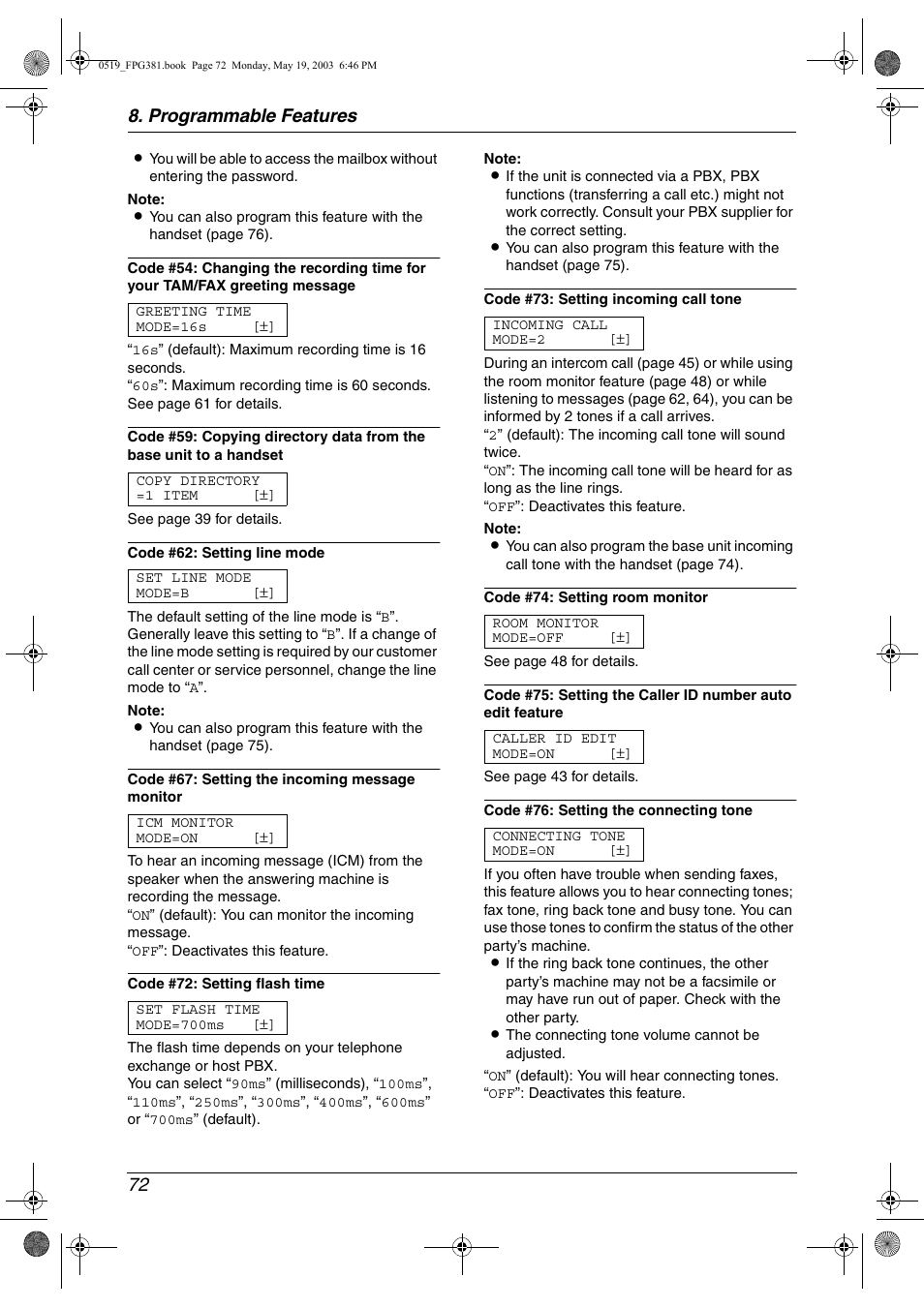 Programmable features 72 | Panasonic KX-FPG381 User Manual | Page 74 / 106