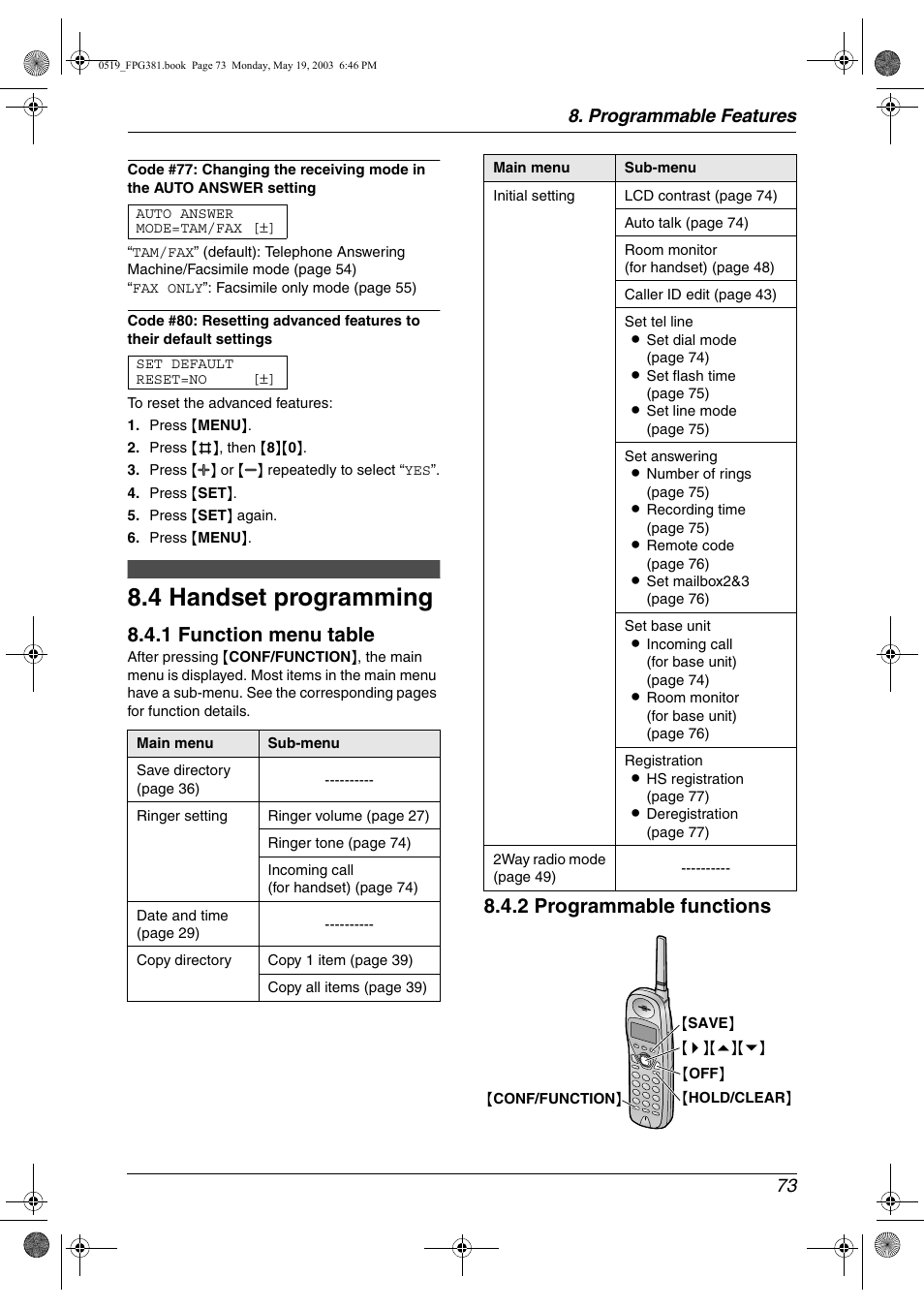 Features (handset), Handset programming, 4 handset programming | 1 function menu table, 2 programmable functions, Programmable features 73 | Panasonic KX-FPG381 User Manual | Page 75 / 106