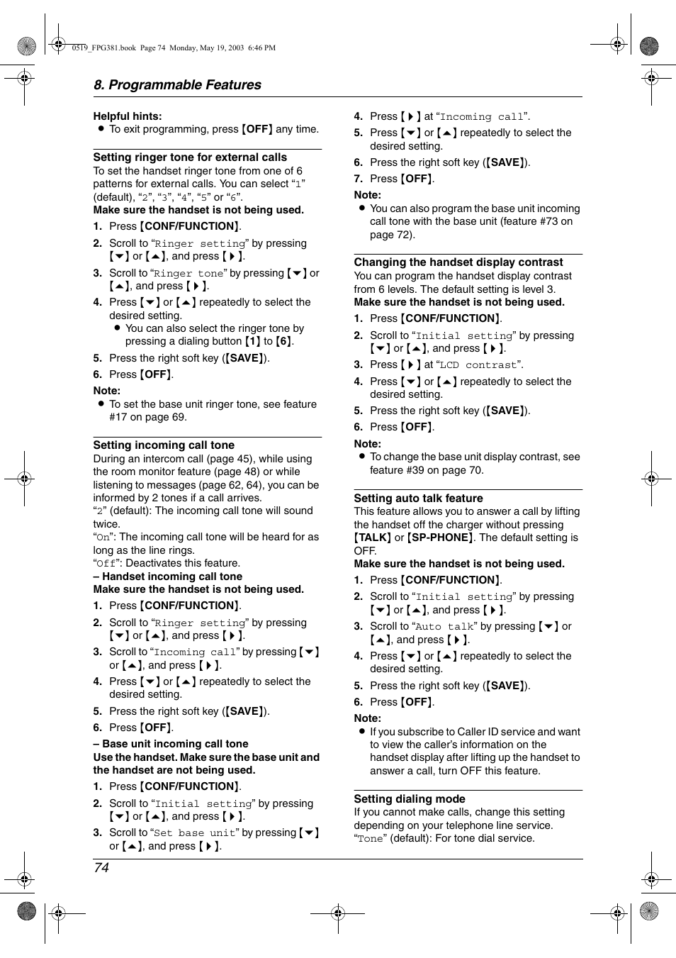 Programmable features 74 | Panasonic KX-FPG381 User Manual | Page 76 / 106