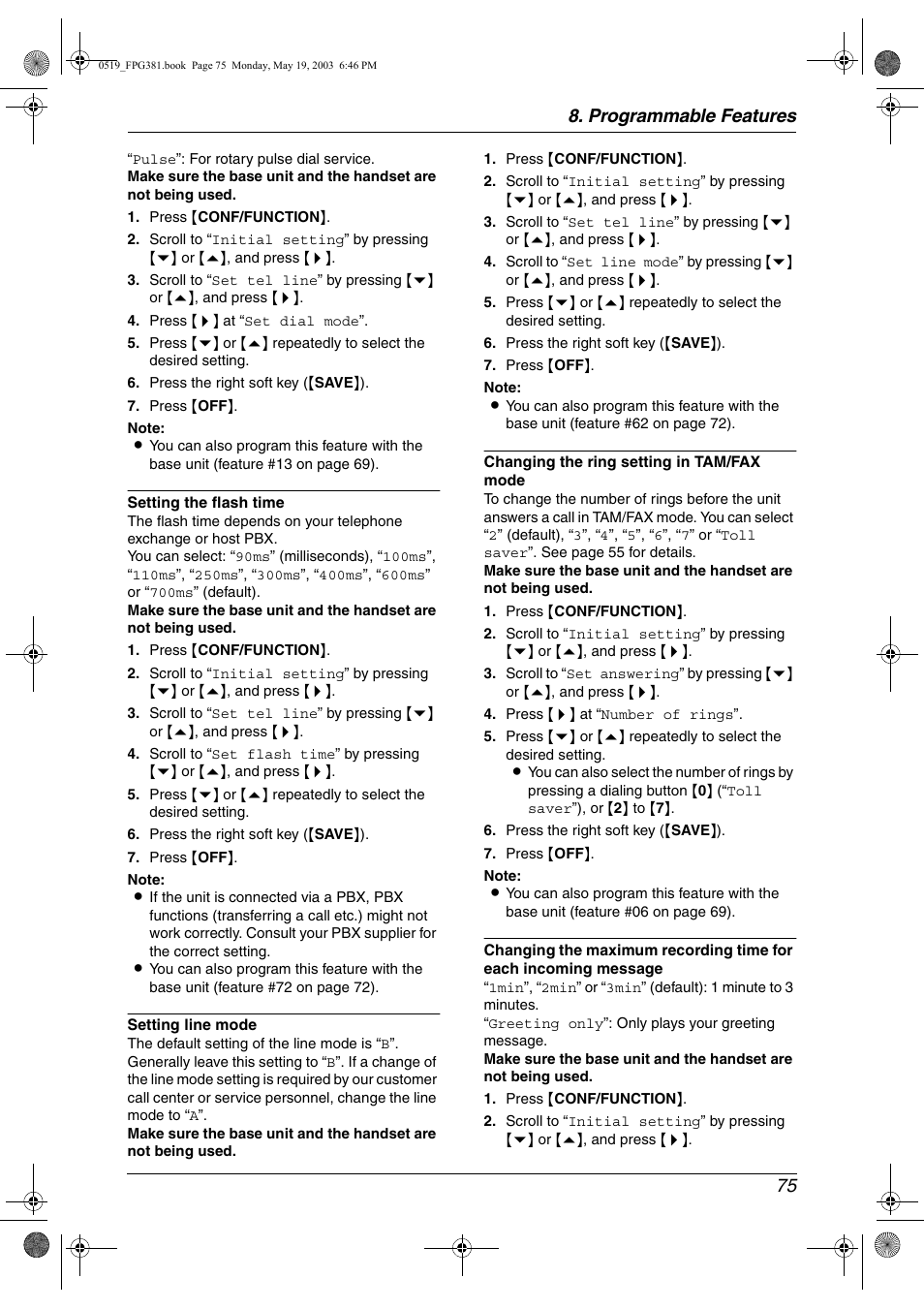 Programmable features 75 | Panasonic KX-FPG381 User Manual | Page 77 / 106