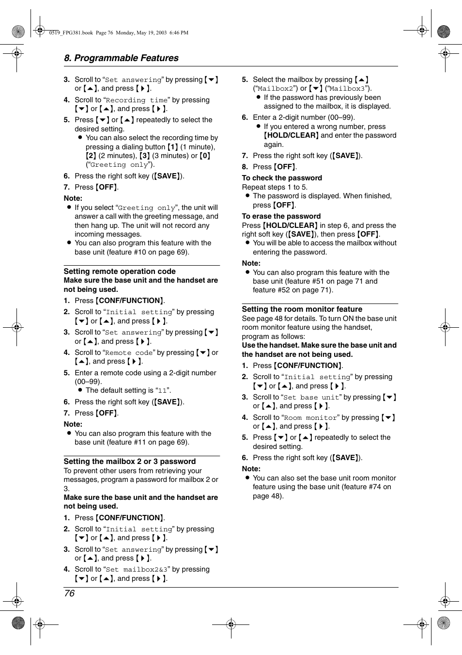 E 76), Programmable features 76 | Panasonic KX-FPG381 User Manual | Page 78 / 106