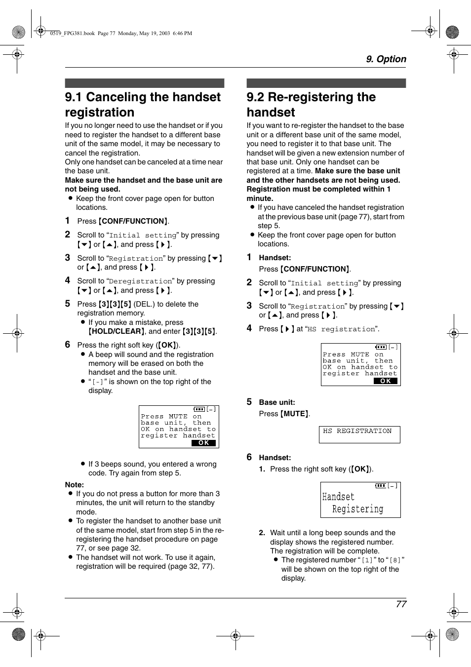 Option, Multi - units, Canceling the handset registration | Re-registering the handset, 1 canceling the handset registration, 2 re-registering the handset | Panasonic KX-FPG381 User Manual | Page 79 / 106