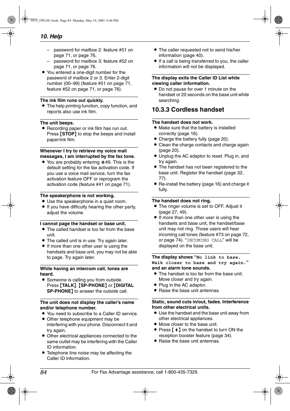 3 cordless handset, Help 84 | Panasonic KX-FPG381 User Manual | Page 86 / 106