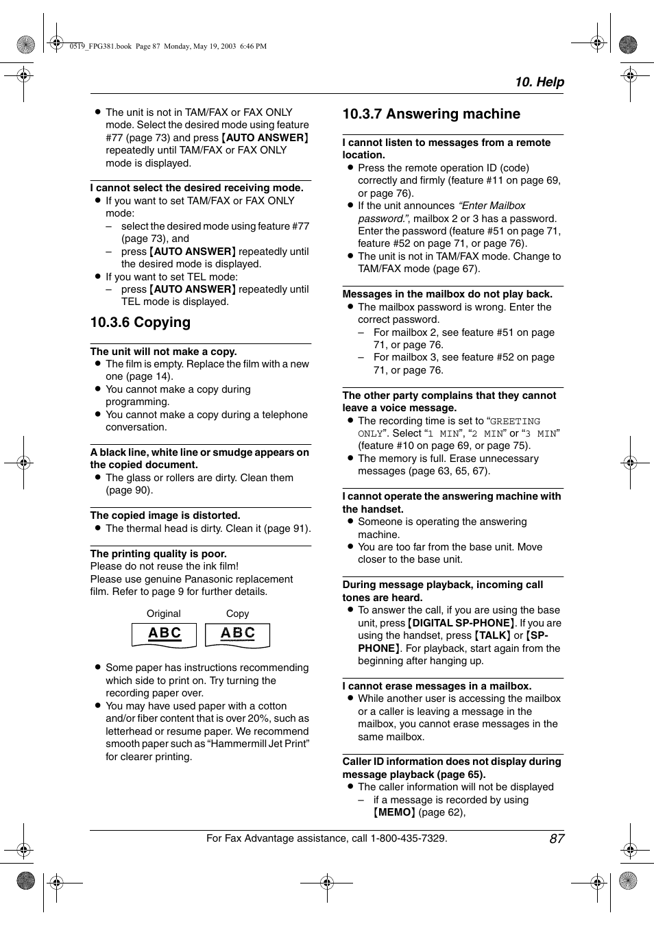 6 copying, 7 answering machine, A b c | Help 87 | Panasonic KX-FPG381 User Manual | Page 89 / 106