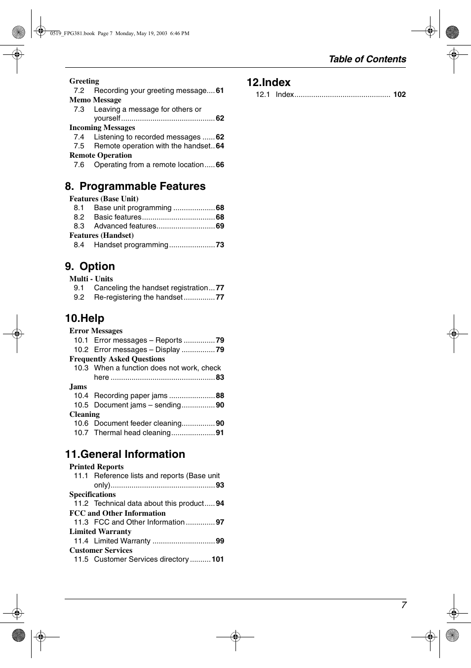 Programmable features, Option, Help | General information, Index | Panasonic KX-FPG381 User Manual | Page 9 / 106