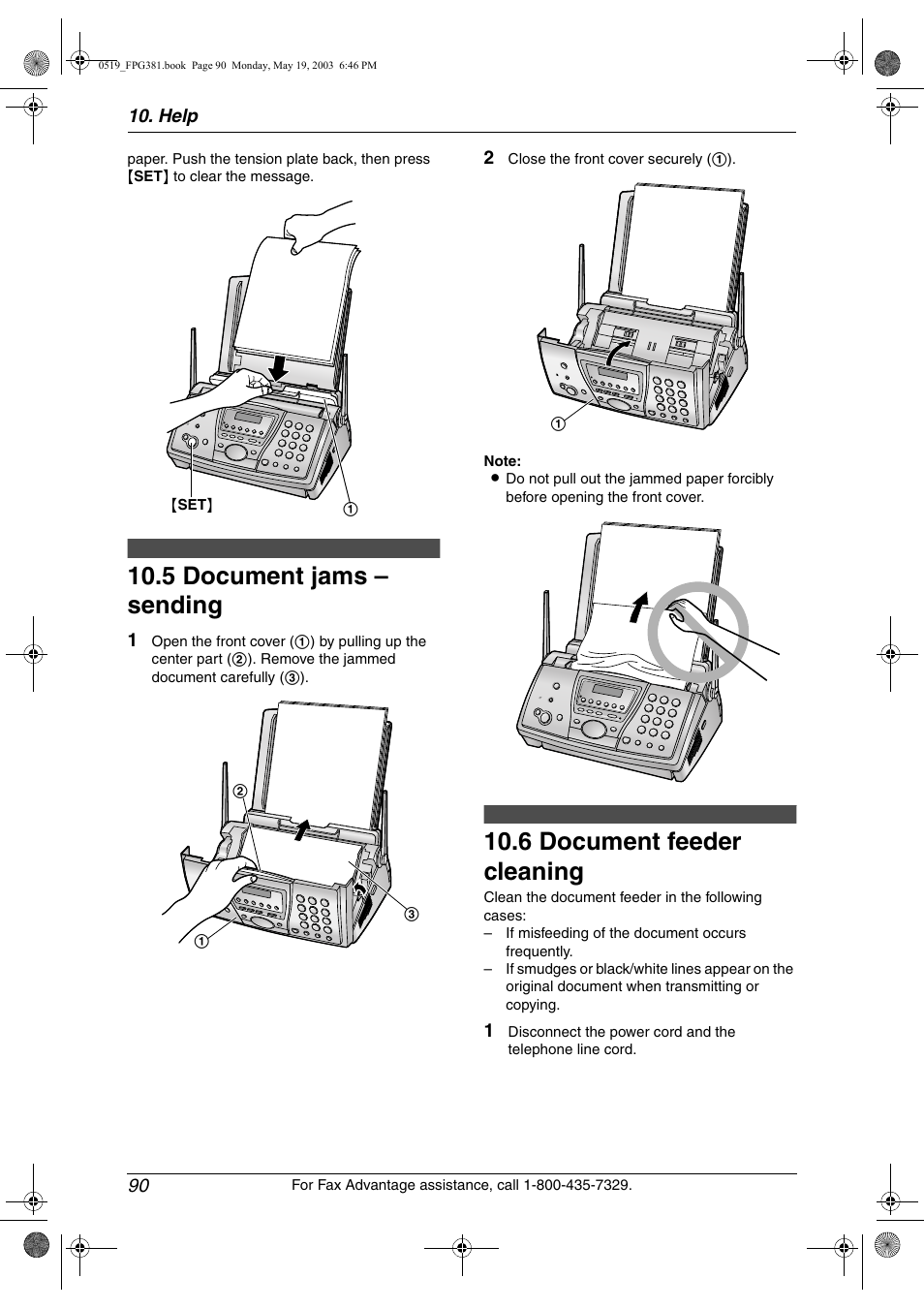 Cleaning, Document jams – sending, Document feeder cleaning | 5 document jams – sending, 6 document feeder cleaning | Panasonic KX-FPG381 User Manual | Page 92 / 106