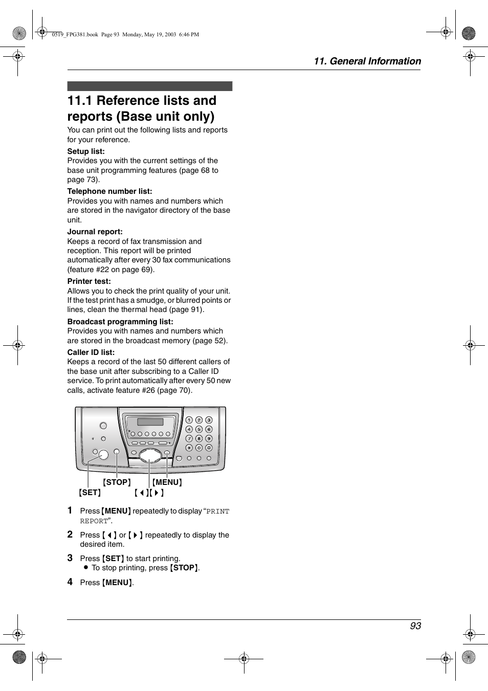 General information, Printed reports, Reference lists and reports (base unit | Only), Specifications, 1 reference lists and reports (base unit only), General information 93 | Panasonic KX-FPG381 User Manual | Page 95 / 106