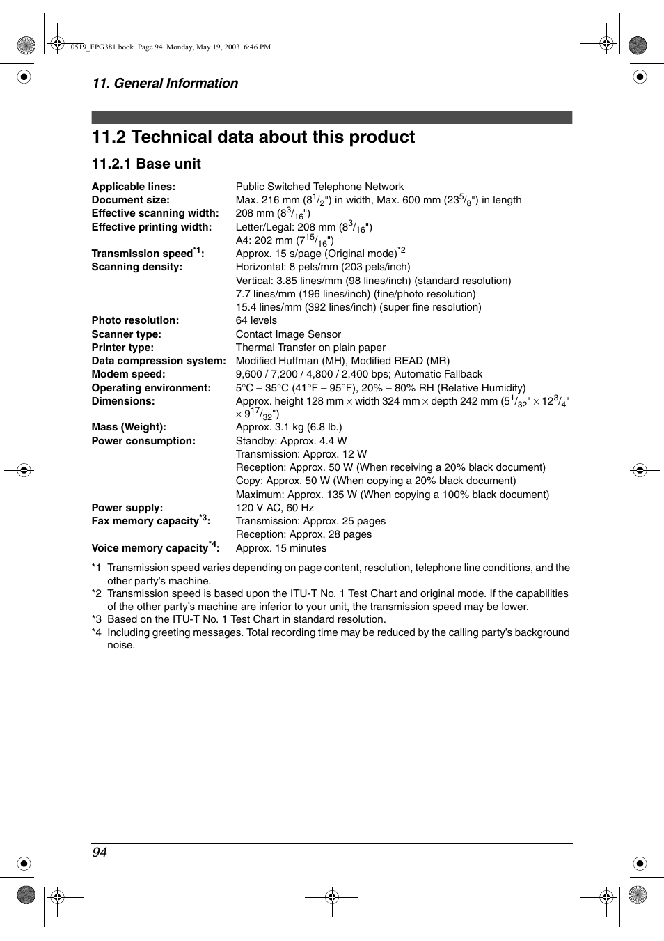 Specifications, Technical data about this product, 2 technical data about this product | 1 base unit, General information 94 | Panasonic KX-FPG381 User Manual | Page 96 / 106