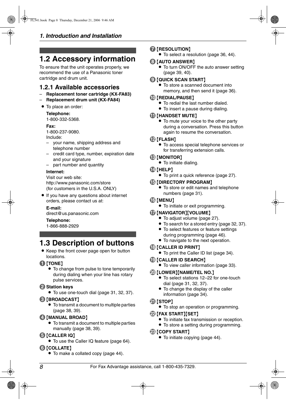 2 accessory information, Finding the controls, 3 description of buttons | Accessory information, Description of buttons, 2 accessory information, 3 description of buttons, 1 available accessories | Panasonic KX-FL541 User Manual | Page 10 / 82