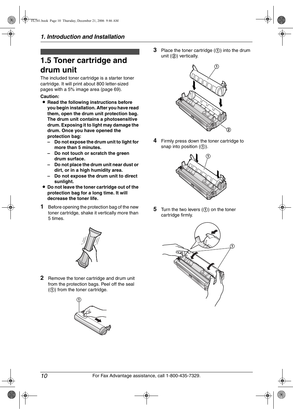 Installation, 5 toner cartridge and drum unit, Toner cartridge and drum unit | 5 toner cartridge and drum unit, Introduction and installation 10 | Panasonic KX-FL541 User Manual | Page 12 / 82