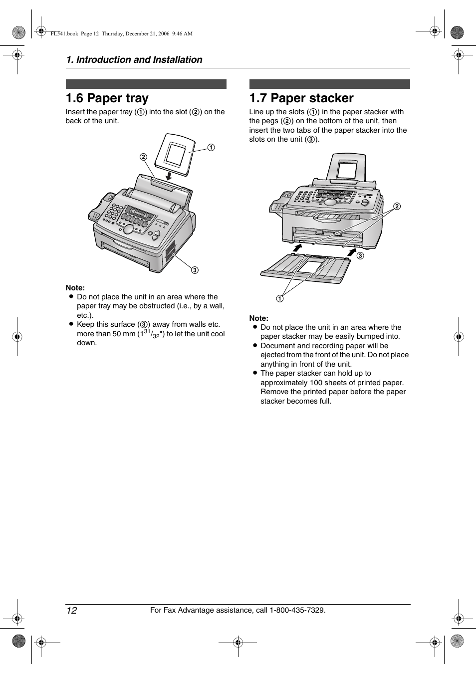 6 paper tray, 7 paper stacker, Paper tray | Paper stacker, 6 paper tray, 7 paper stacker, Introduction and installation 12 | Panasonic KX-FL541 User Manual | Page 14 / 82