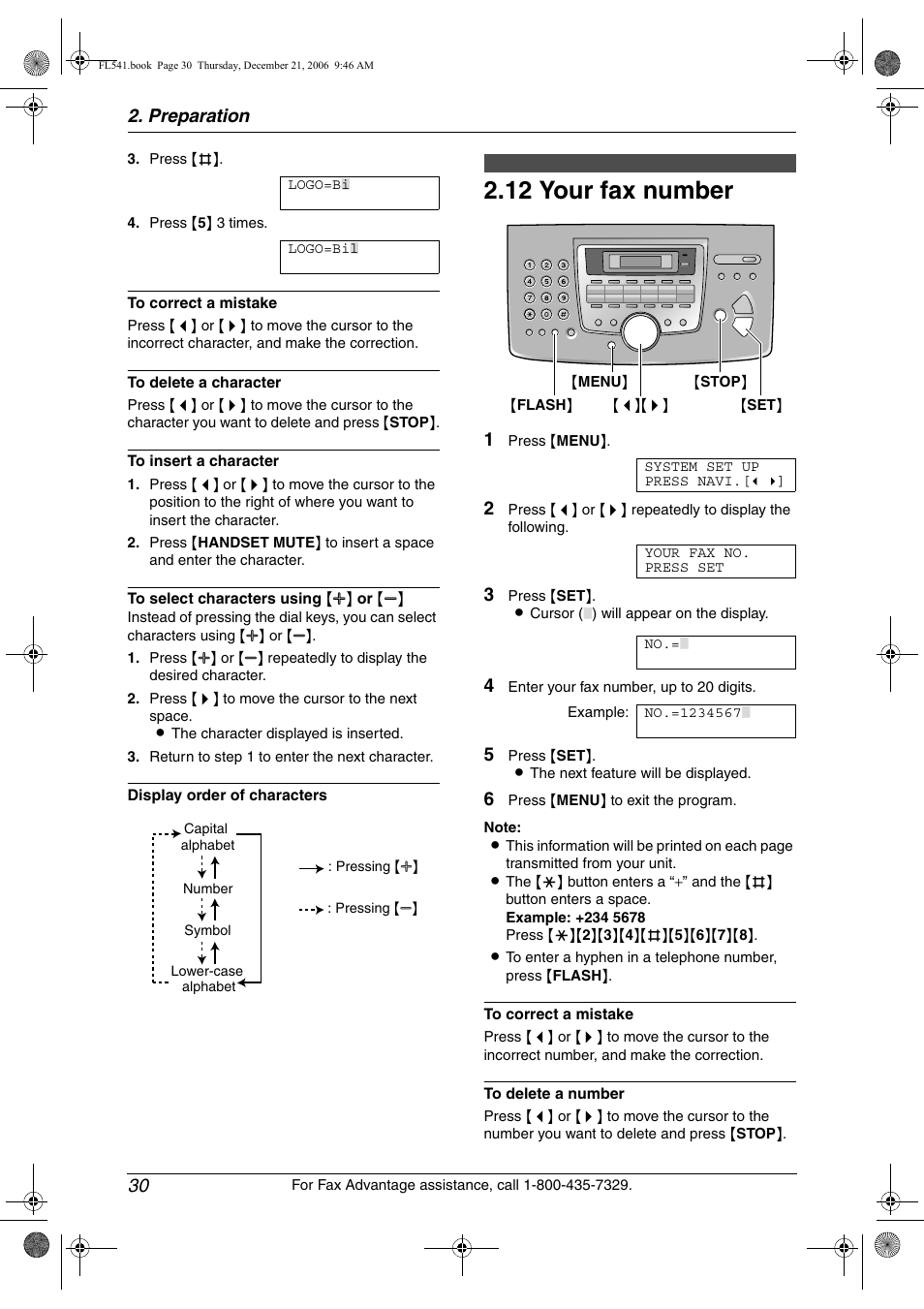 12 your fax number, Your fax number, 12 your fax number | Preparation 30 | Panasonic KX-FL541 User Manual | Page 32 / 82