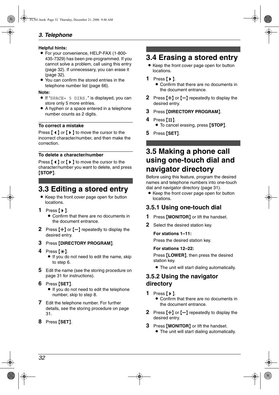 3 editing a stored entry, 4 erasing a stored entry, Editing a stored entry | Erasing a stored entry, 3 editing a stored entry, 4 erasing a stored entry, 1 using one-touch dial, 2 using the navigator directory | Panasonic KX-FL541 User Manual | Page 34 / 82