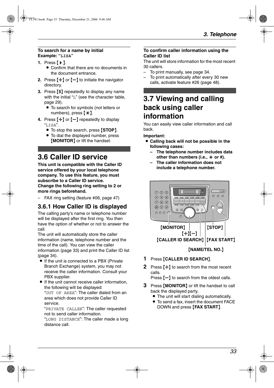 Caller id, 6 caller id service, Caller id service | Viewing and calling back using caller, Information, 6 caller id service, 1 how caller id is displayed, Telephone 33 | Panasonic KX-FL541 User Manual | Page 35 / 82