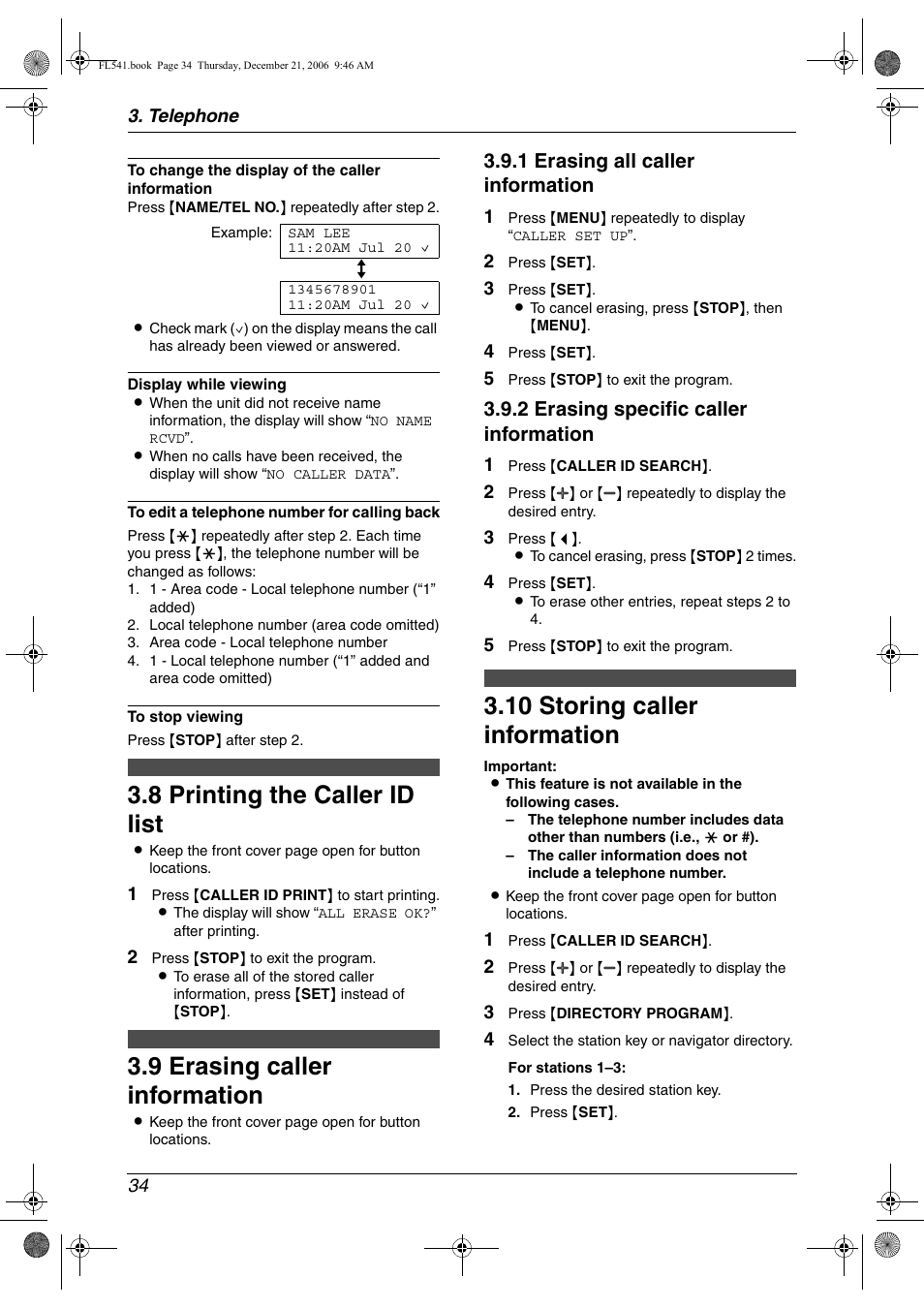 8 printing the caller id list, 9 erasing caller information, 10 storing caller information | Printing the caller id list, Erasing caller information, Storing caller information, 8 printing the caller id list, 9 erasing caller information, 10 storing caller information, 1 erasing all caller information | Panasonic KX-FL541 User Manual | Page 36 / 82