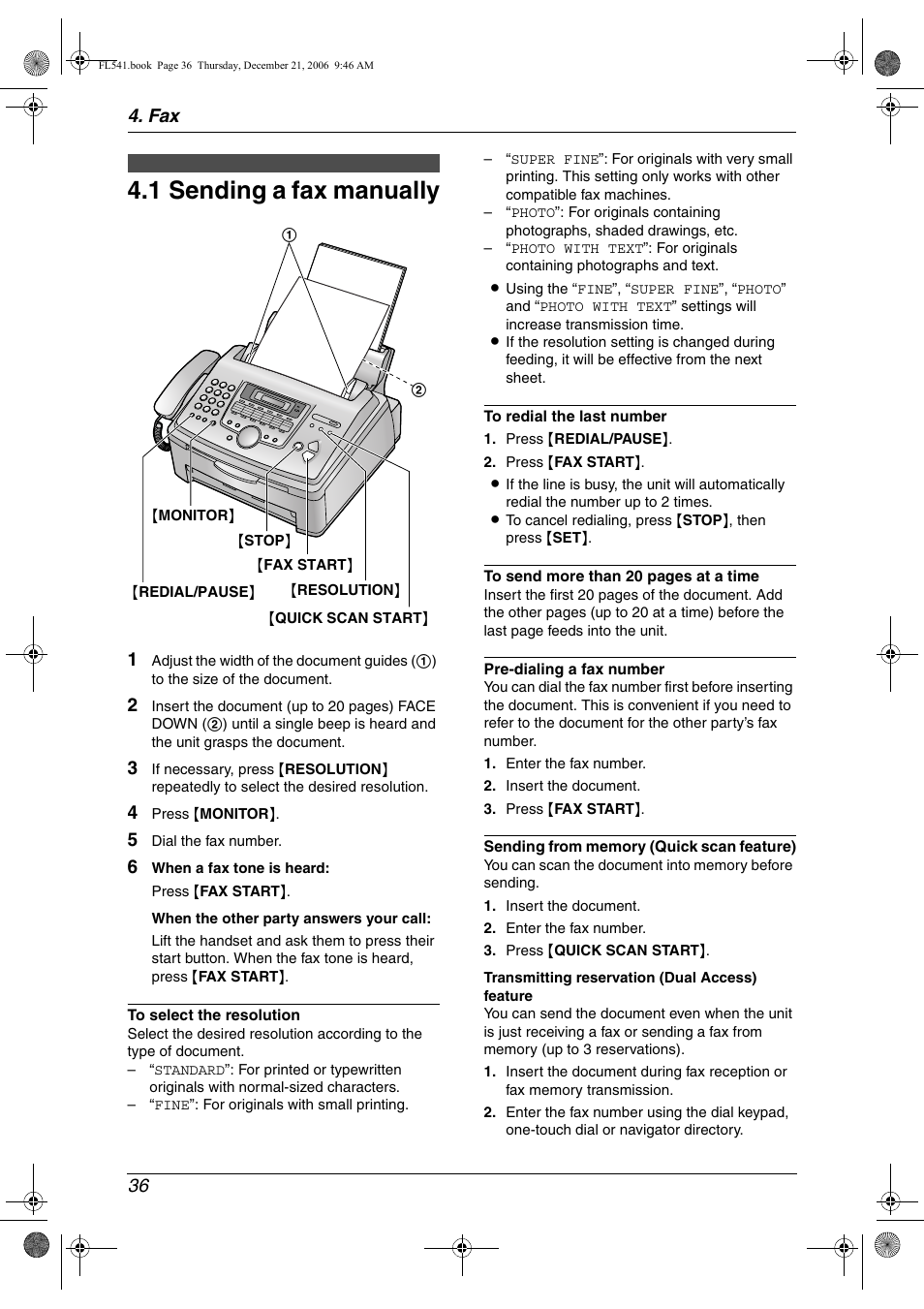 Sending faxes, 1 sending a fax manually, Sending a fax manually | 1 sending a fax manually, Fax 36 | Panasonic KX-FL541 User Manual | Page 38 / 82