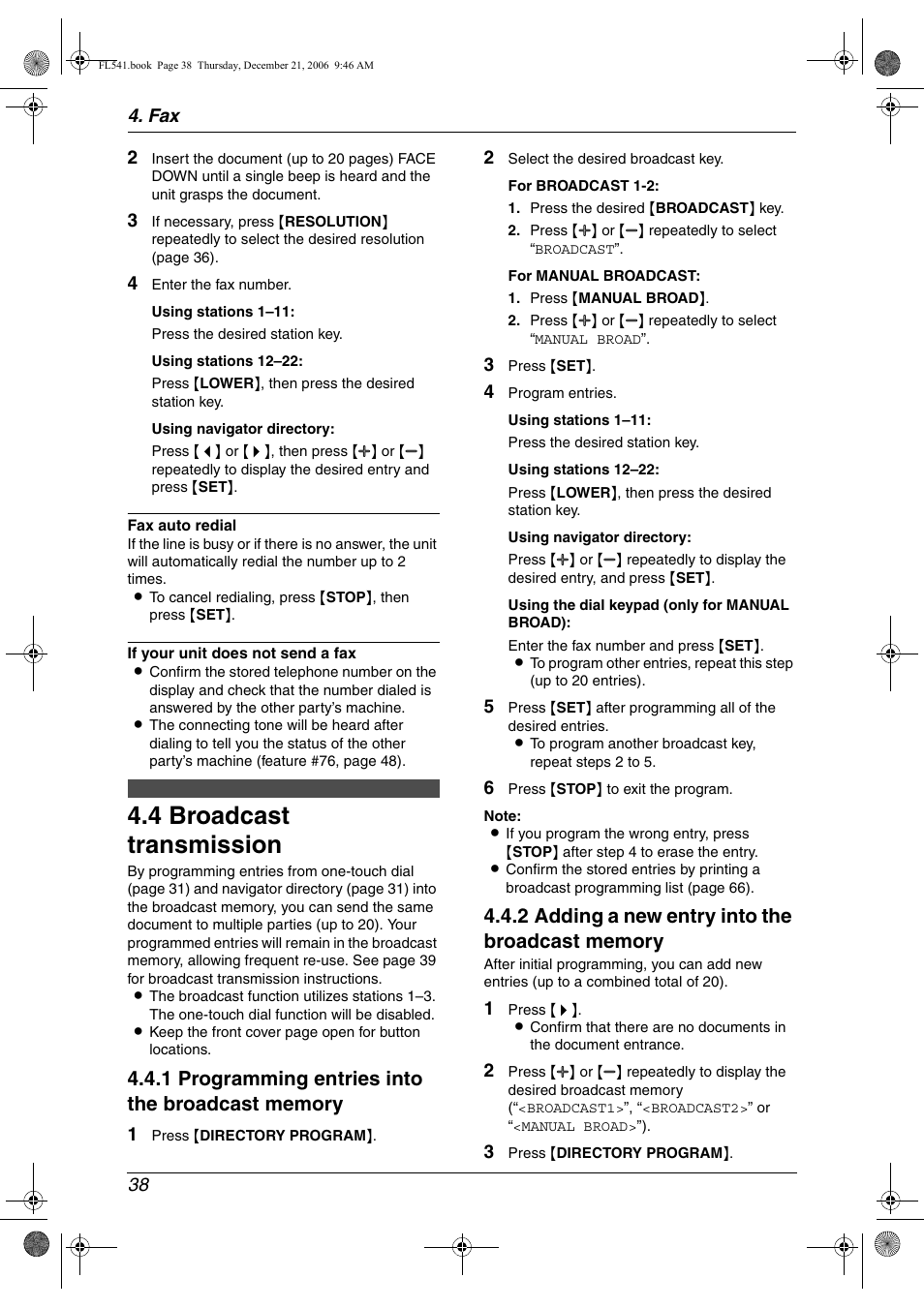 4 broadcast transmission, Broadcast transmission, 4 broadcast transmission | Panasonic KX-FL541 User Manual | Page 40 / 82