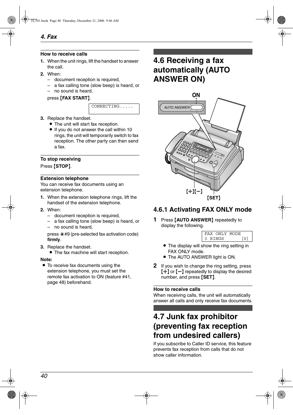 6 receiving a fax automatically (auto answer on), Receiving a fax automatically (auto answer on), 6 receiving a fax automatically (auto answer on) | 1 activating fax only mode | Panasonic KX-FL541 User Manual | Page 42 / 82