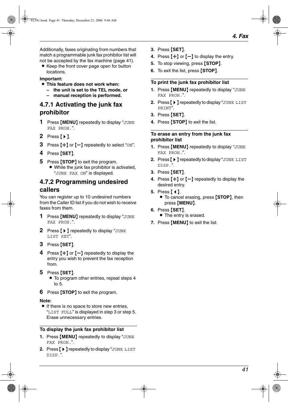 1 activating the junk fax prohibitor, 2 programming undesired callers | Panasonic KX-FL541 User Manual | Page 43 / 82