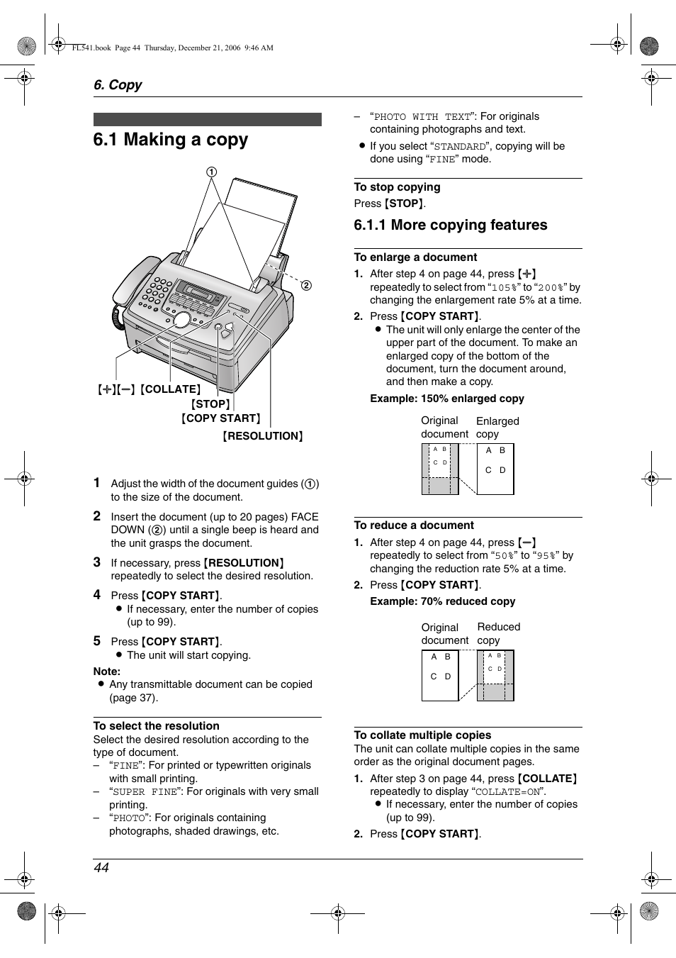 Copy, Copying, 1 making a copy | Making a copy, 1 making a copy, 1 more copying features, Copy 44 | Panasonic KX-FL541 User Manual | Page 46 / 82