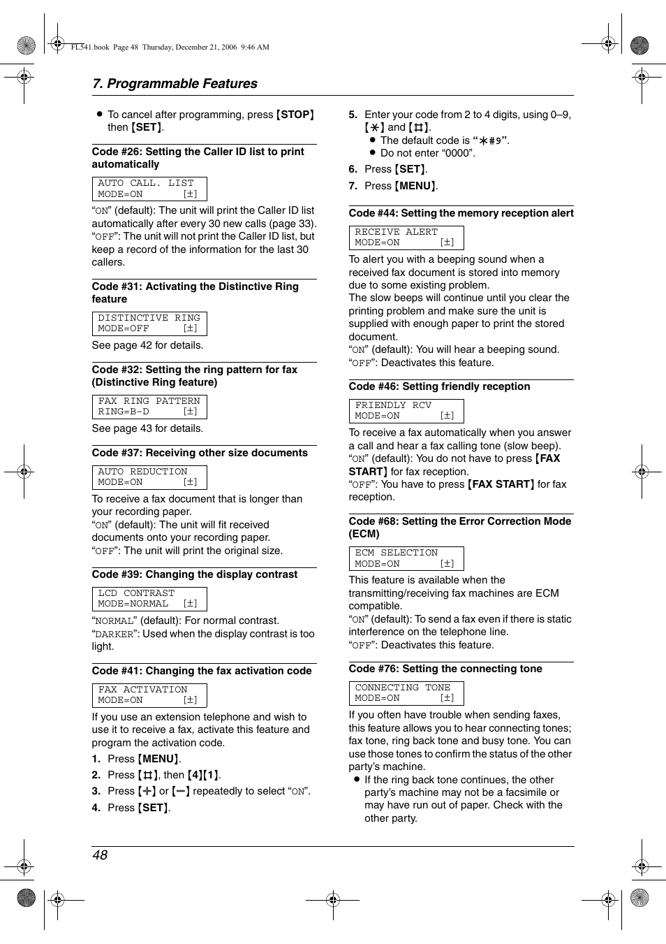 Programmable features 48 | Panasonic KX-FL541 User Manual | Page 50 / 82