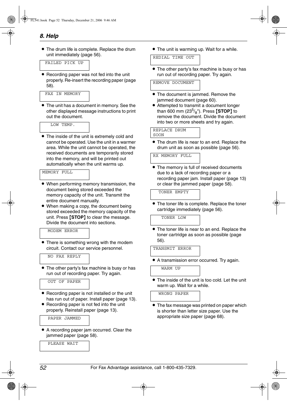 Help 52 | Panasonic KX-FL541 User Manual | Page 54 / 82