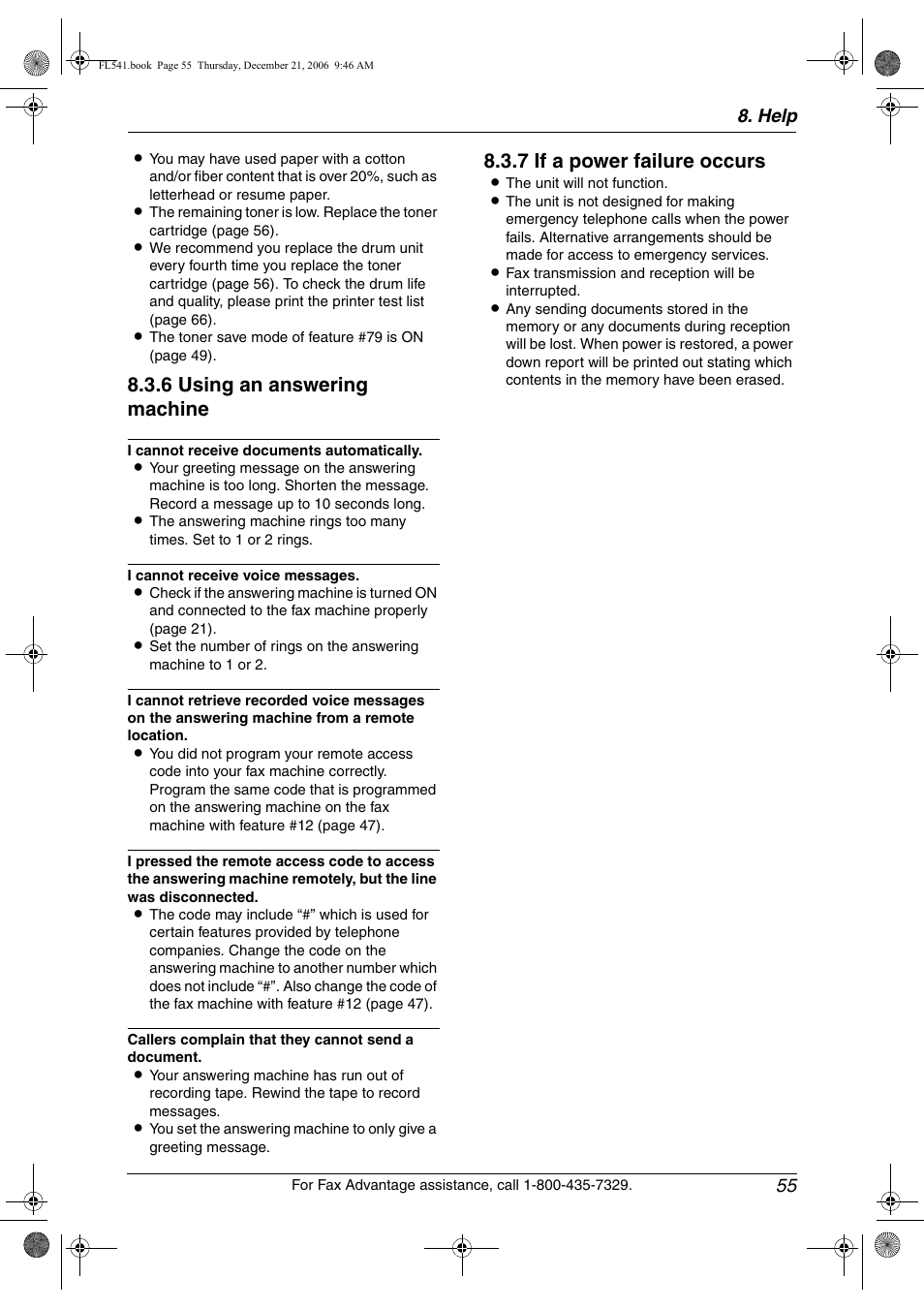 6 using an answering machine, 7 if a power failure occurs, Help 55 | Panasonic KX-FL541 User Manual | Page 57 / 82