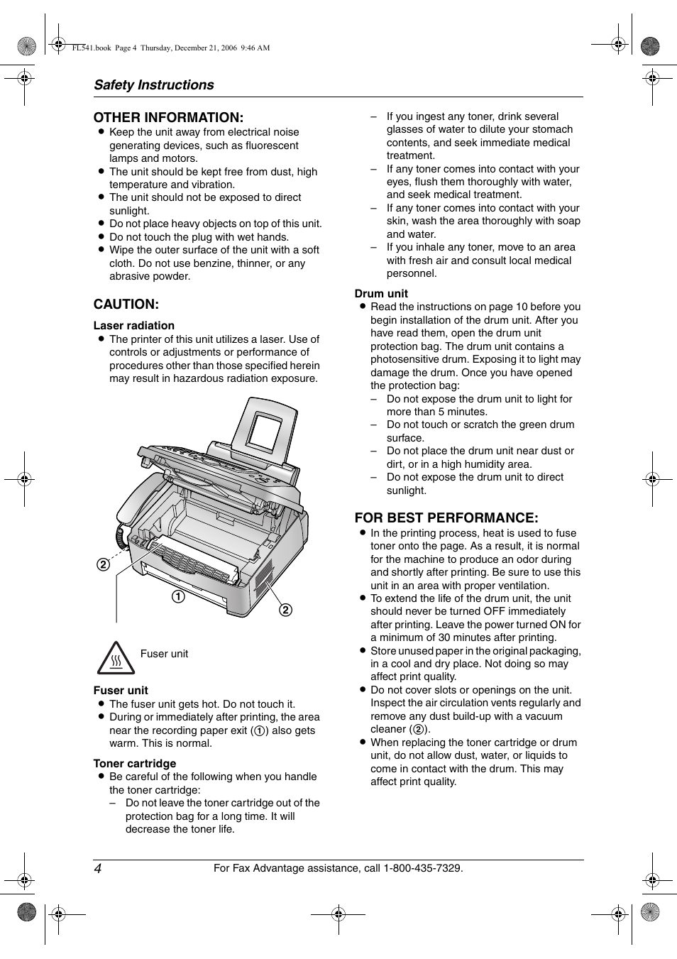 Safety instructions 4, Other information, Caution | For best performance | Panasonic KX-FL541 User Manual | Page 6 / 82