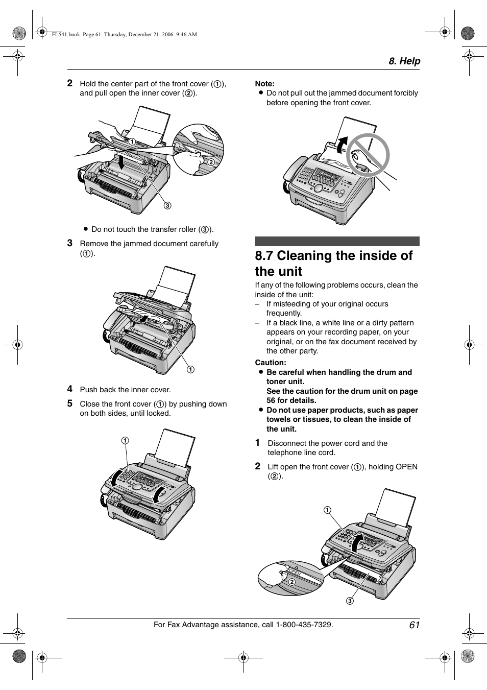 Cleaning, 7 cleaning the inside of the unit, Cleaning the inside of the unit | 7 cleaning the inside of the unit, Help 61 | Panasonic KX-FL541 User Manual | Page 63 / 82