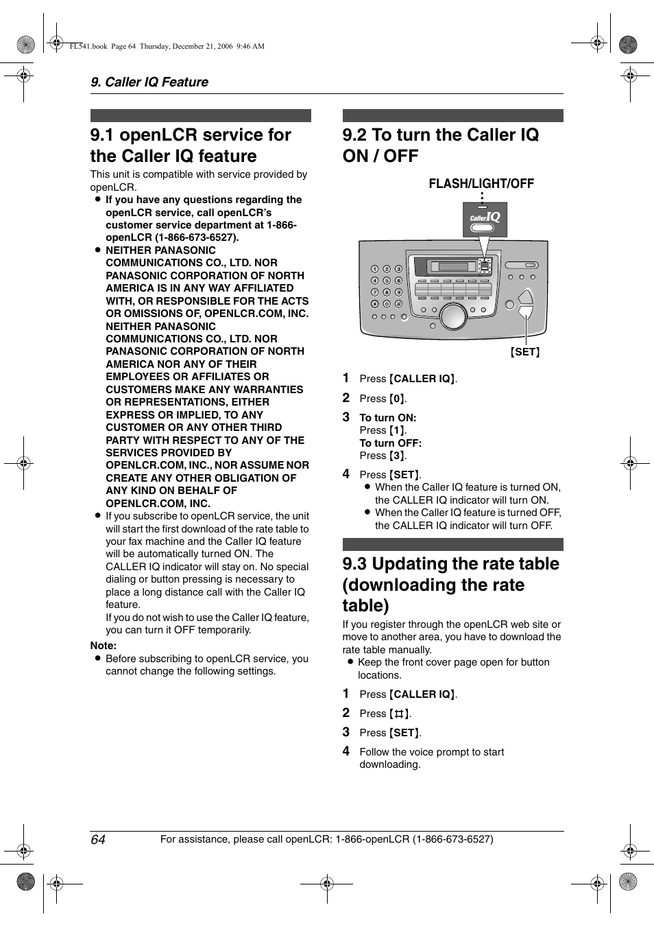 Caller iq feature, 1 openlcr service for the caller iq feature, 2 to turn the caller iq on / off | Openlcr service for the caller iq feature, To turn the caller iq on / off, 1 openlcr service for the caller iq feature, 2 to turn the caller iq on / off | Panasonic KX-FL541 User Manual | Page 66 / 82