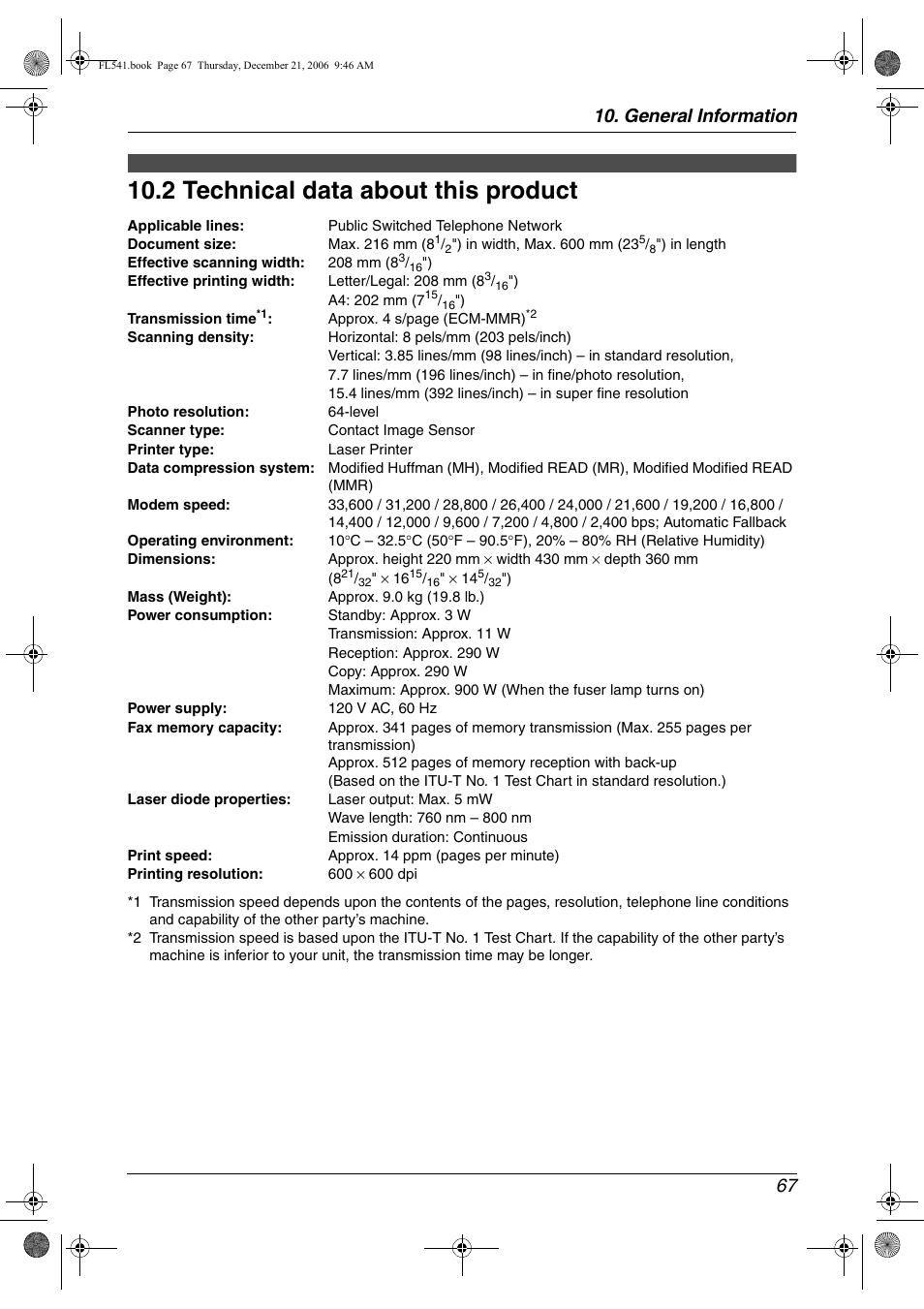 2 technical data about this product, Technical data about this product, 2 technical data about this product | General information 67 | Panasonic KX-FL541 User Manual | Page 69 / 82