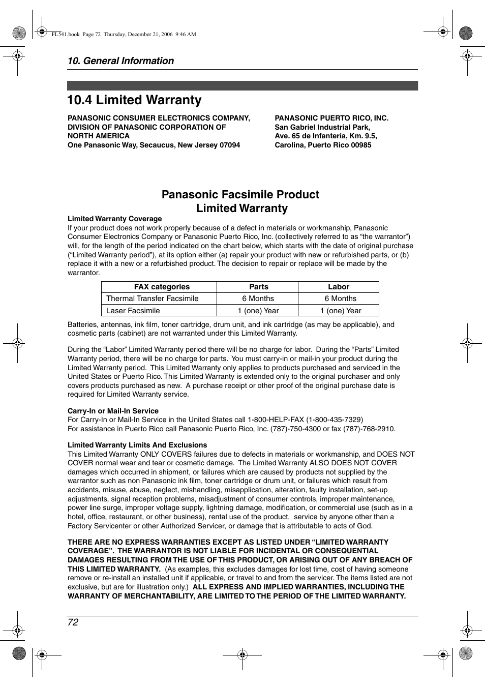 Limited warranty, 4 limited warranty, 4 limited warranty | Panasonic facsimile product limited warranty, General information 72 | Panasonic KX-FL541 User Manual | Page 74 / 82