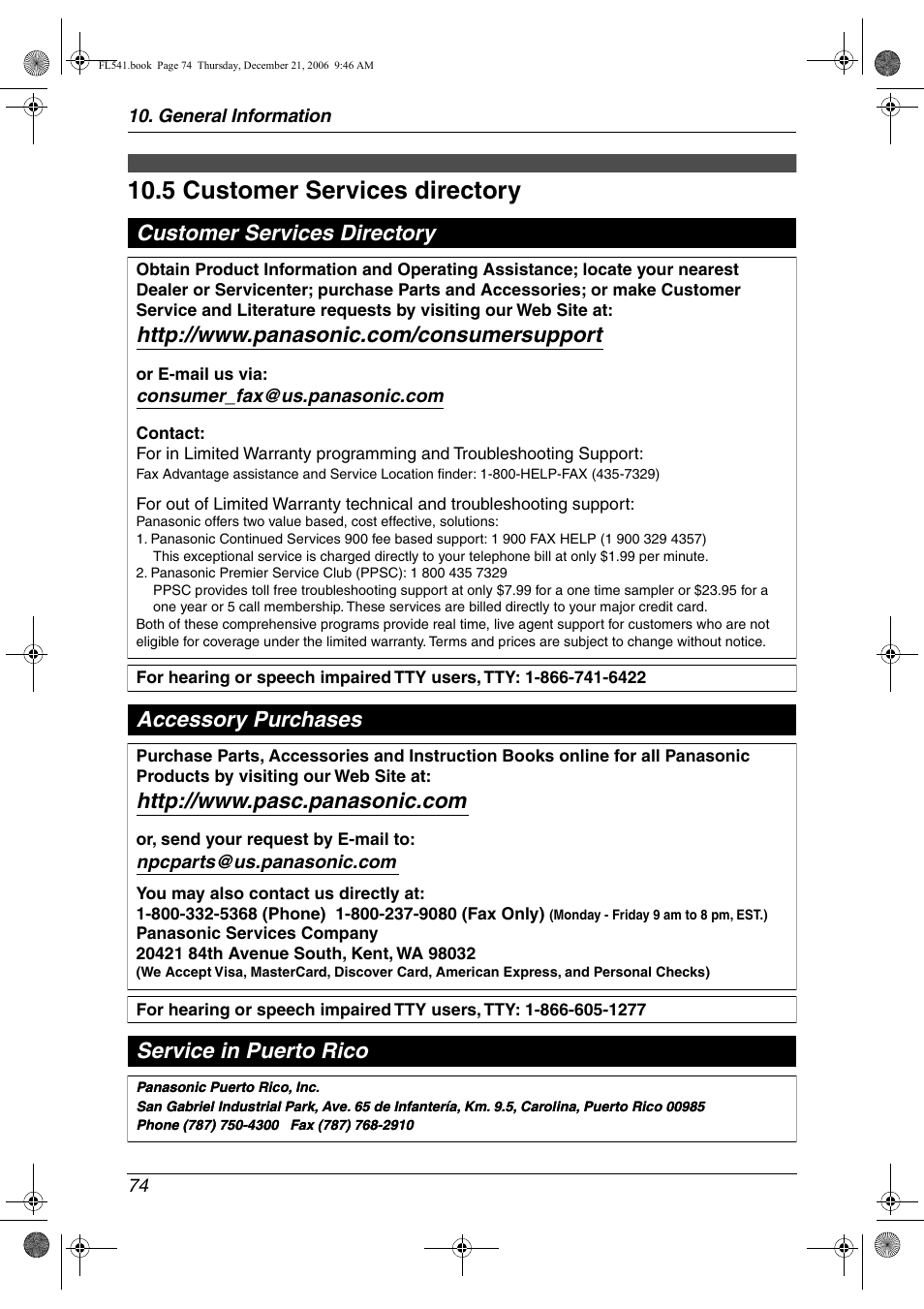 Customer services, 5 customer services directory, Customer services directory | 5 customer services directory, Accessory purchases service in puerto rico | Panasonic KX-FL541 User Manual | Page 76 / 82